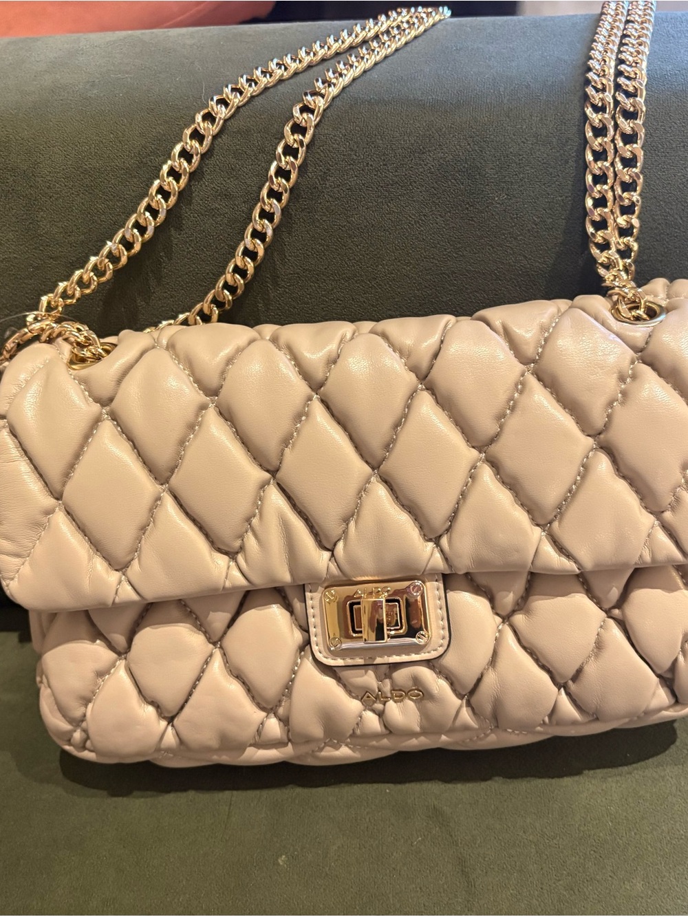 Aldo Quilted Shoulder Bag in Beige with Gold Chain